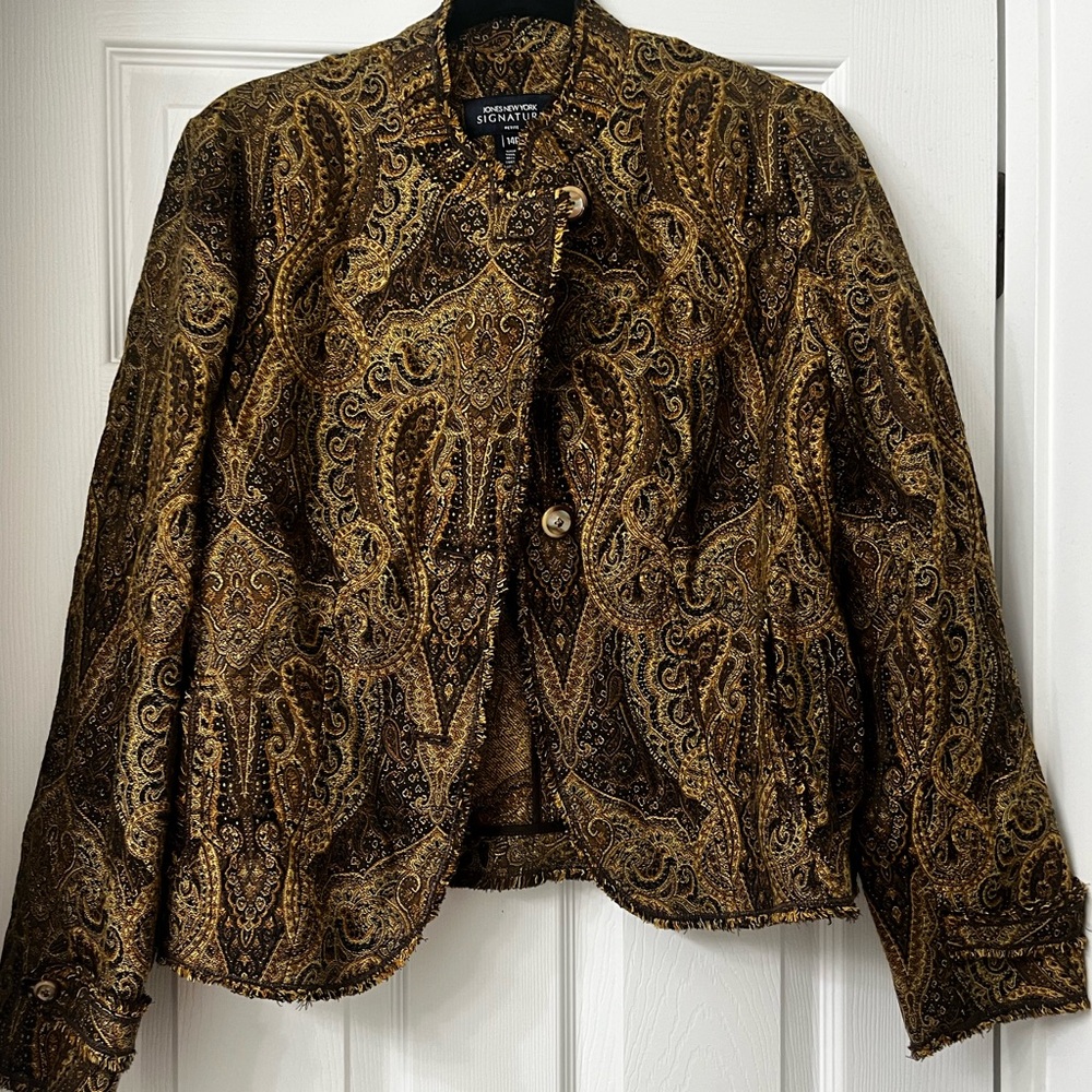 Jones New York Signature brown and gold paisley blazer, size 14 petite